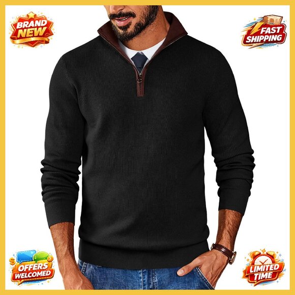 Men's Quarter Zip Sweater Slim Fit Mock Neck Pullover Knitted Ribbed Casual